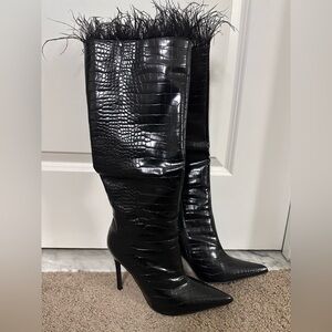 Miss Lola Black Croc-Embossed Heeled Boots with Feather Trim